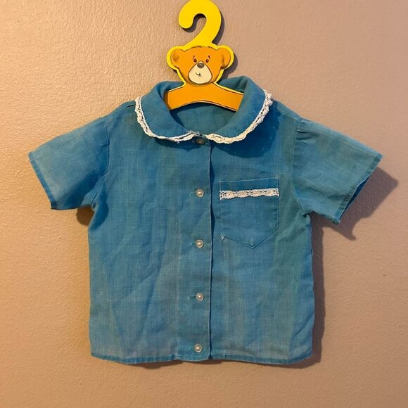 Vintage Handmade little Boys Shirt Blue With Lace Button Up - Picture 1 of 6